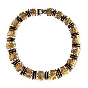 Vintage Gold Ribbed Metal Black Enamel Collar Statement Necklace